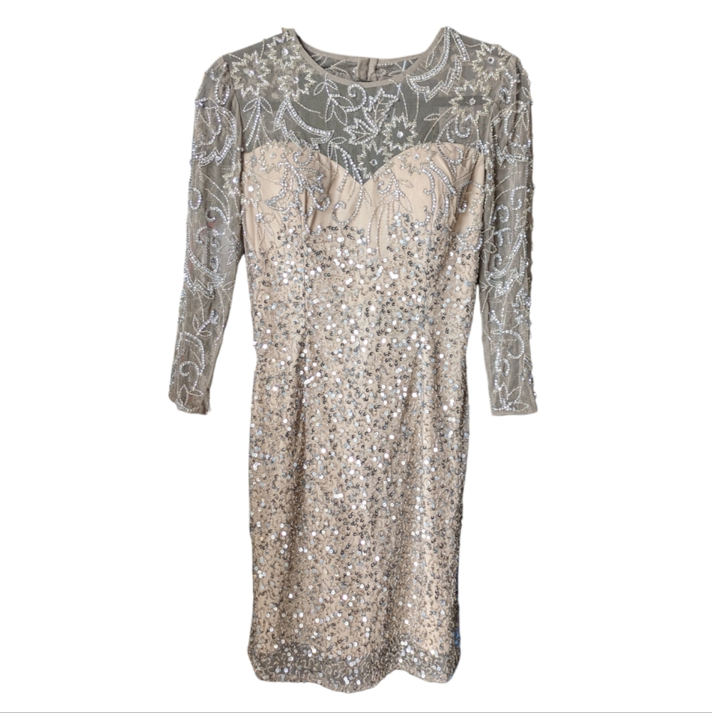Vintage 1990 SCALA Hand Beaded Floral Sequin Sheer Tone Cocktail Evening Dress